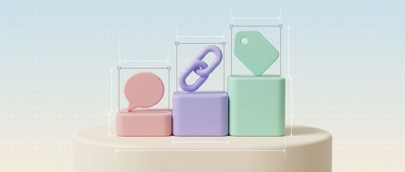 Three-step pastel podium holding a speech bubble, a chain link and a price tag