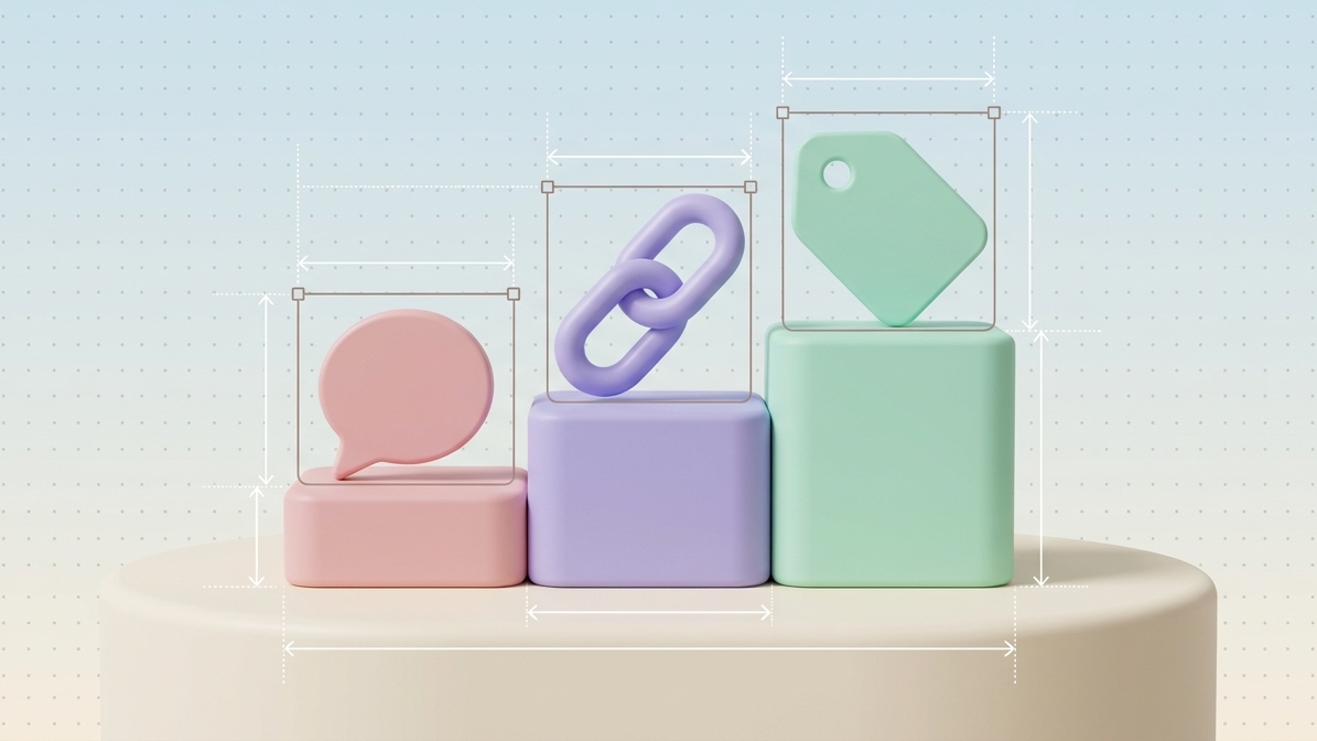 Blurred blog main image. Three-step pastel podium holding a speech bubble, a chain link and a price tag