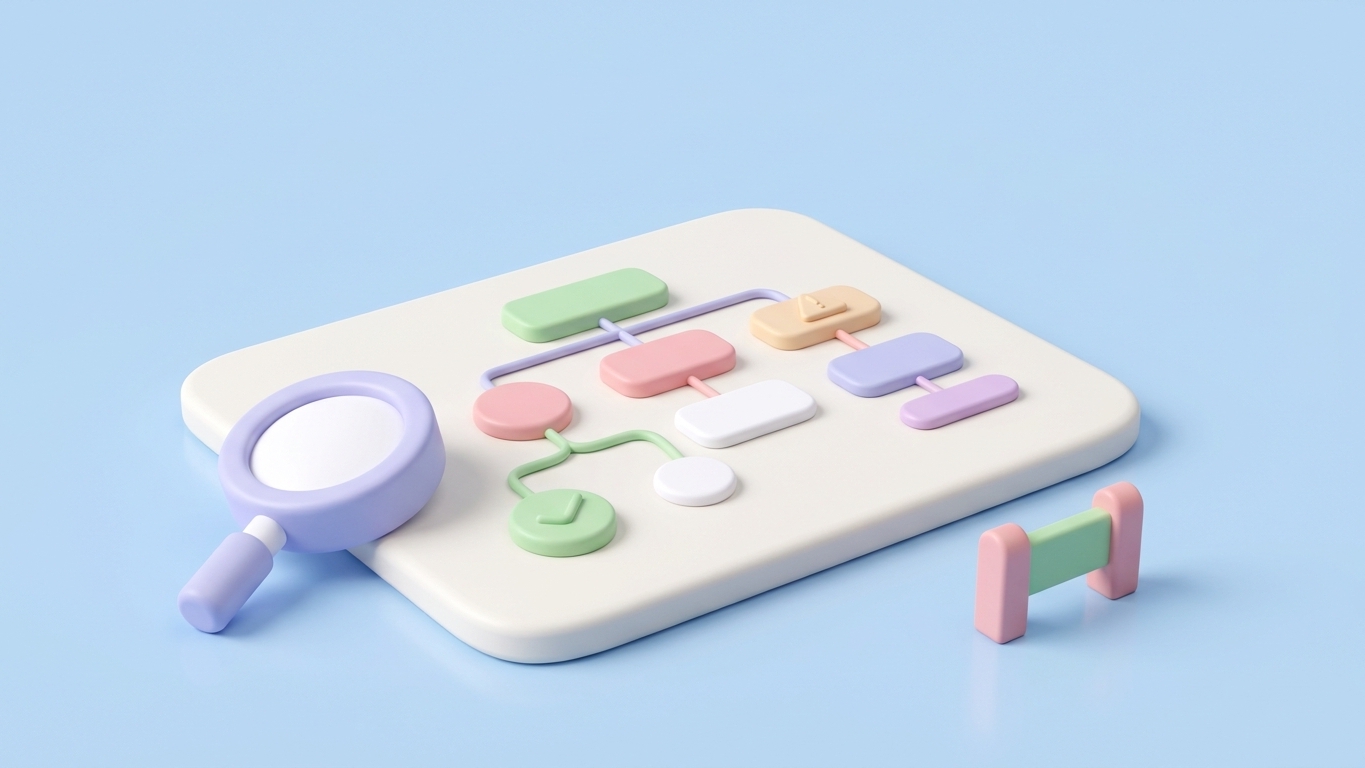 Minimal 3D clay illustration of a pastel sitemap tree, representing a site audit of sitemap.xml and robots.txt.