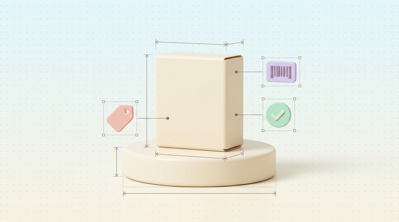 Pastel 3D product box surrounded by floating price tag, barcode and checkmark labels