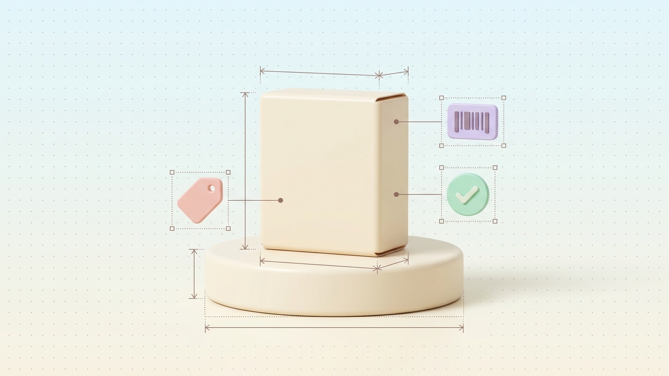 Blurred blog main image. Pastel 3D product box surrounded by floating price tag, barcode and checkmark labels