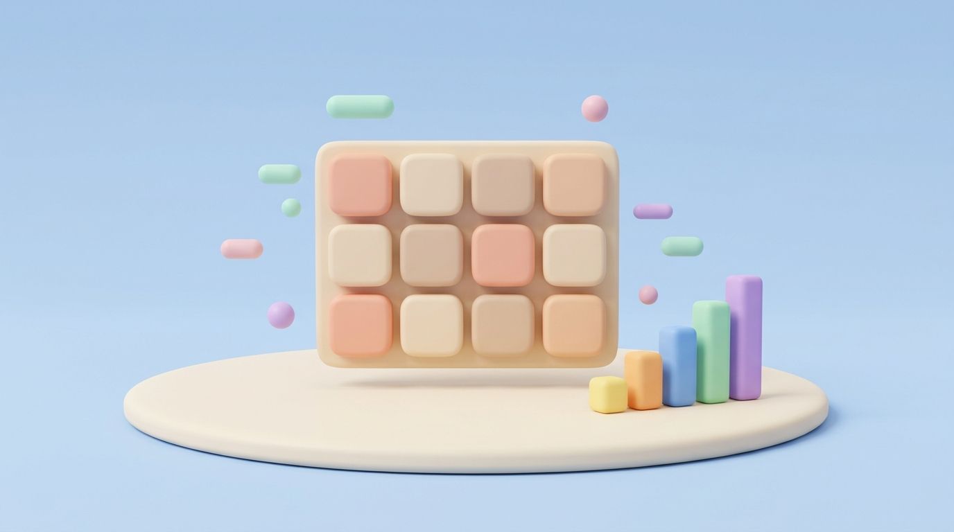 Minimal 3D clay illustration of a pastel grid layout block rising in rank, for Shopify collection page SEO.