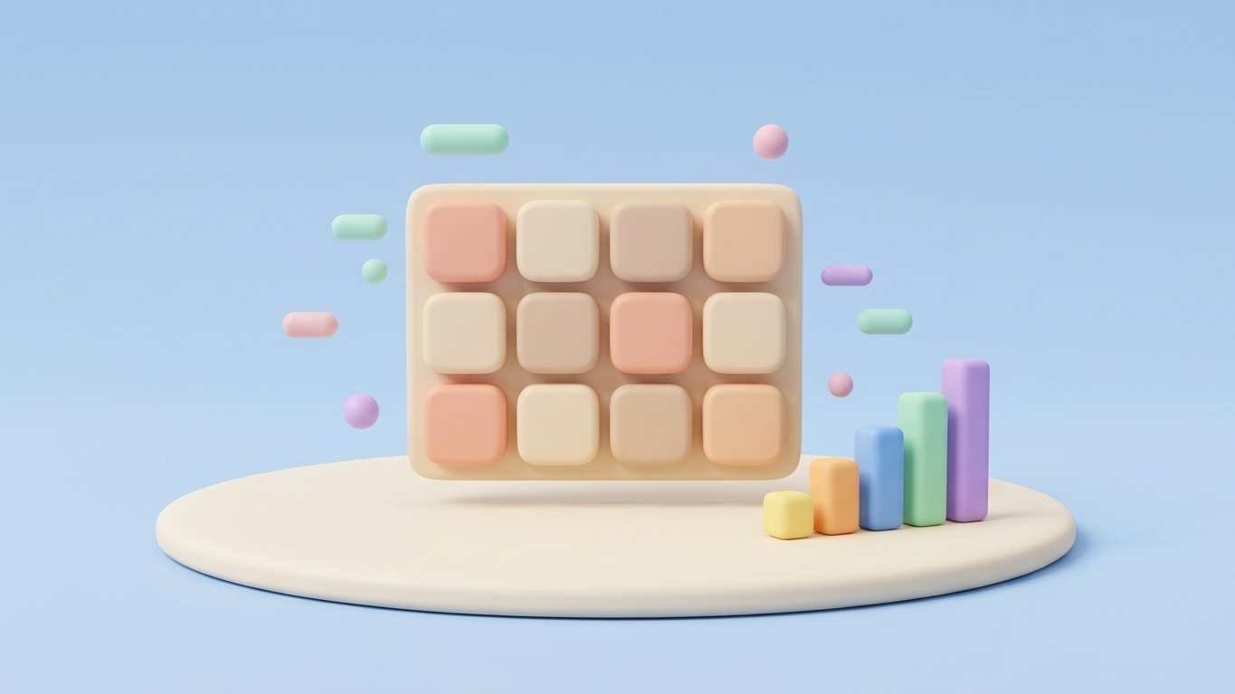 Minimal 3D clay illustration of a pastel grid layout block rising in rank, for Shopify collection page SEO.