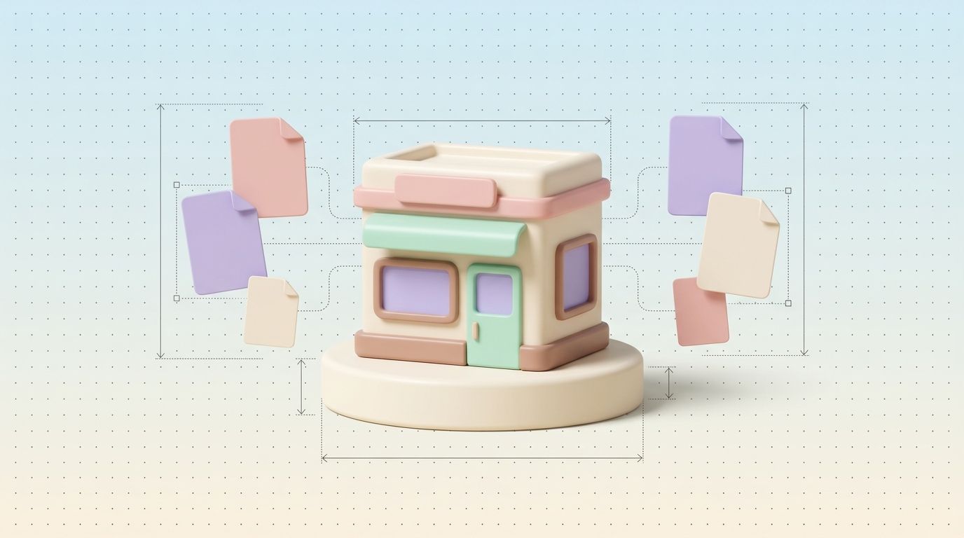 Pastel 3D storefront connected by dotted lines to floating document cards