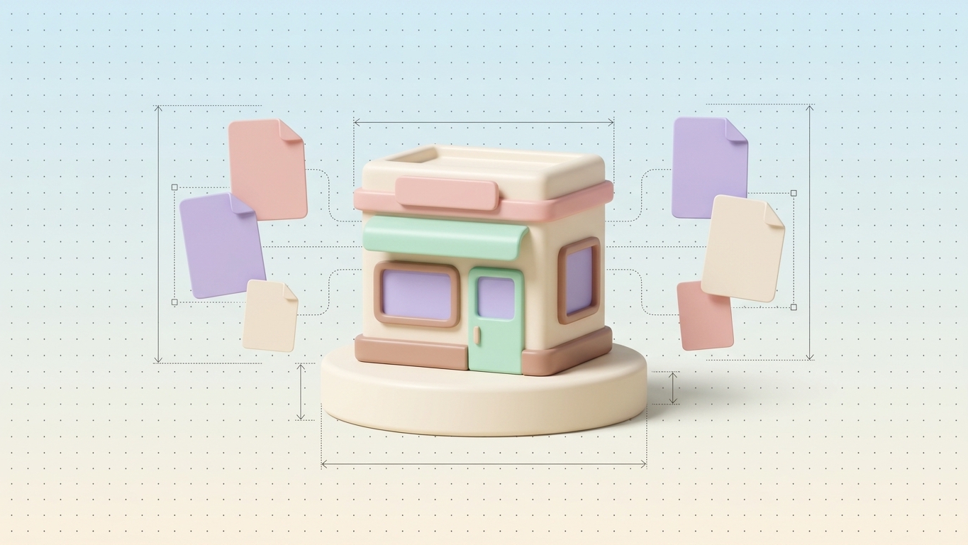 Blurred blog main image. Pastel 3D storefront connected by dotted lines to floating document cards