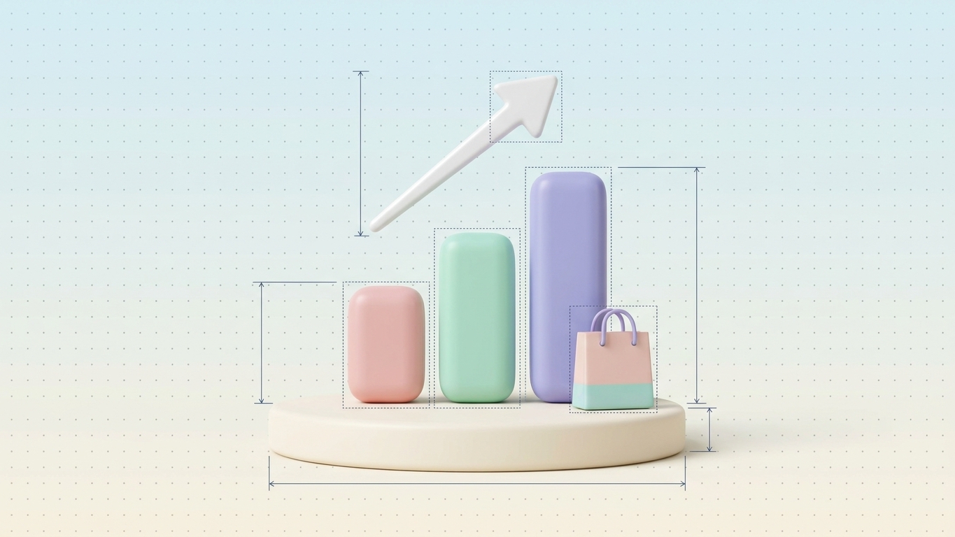 Rising pastel 3D bar chart with an upward arrow and a shopping bag