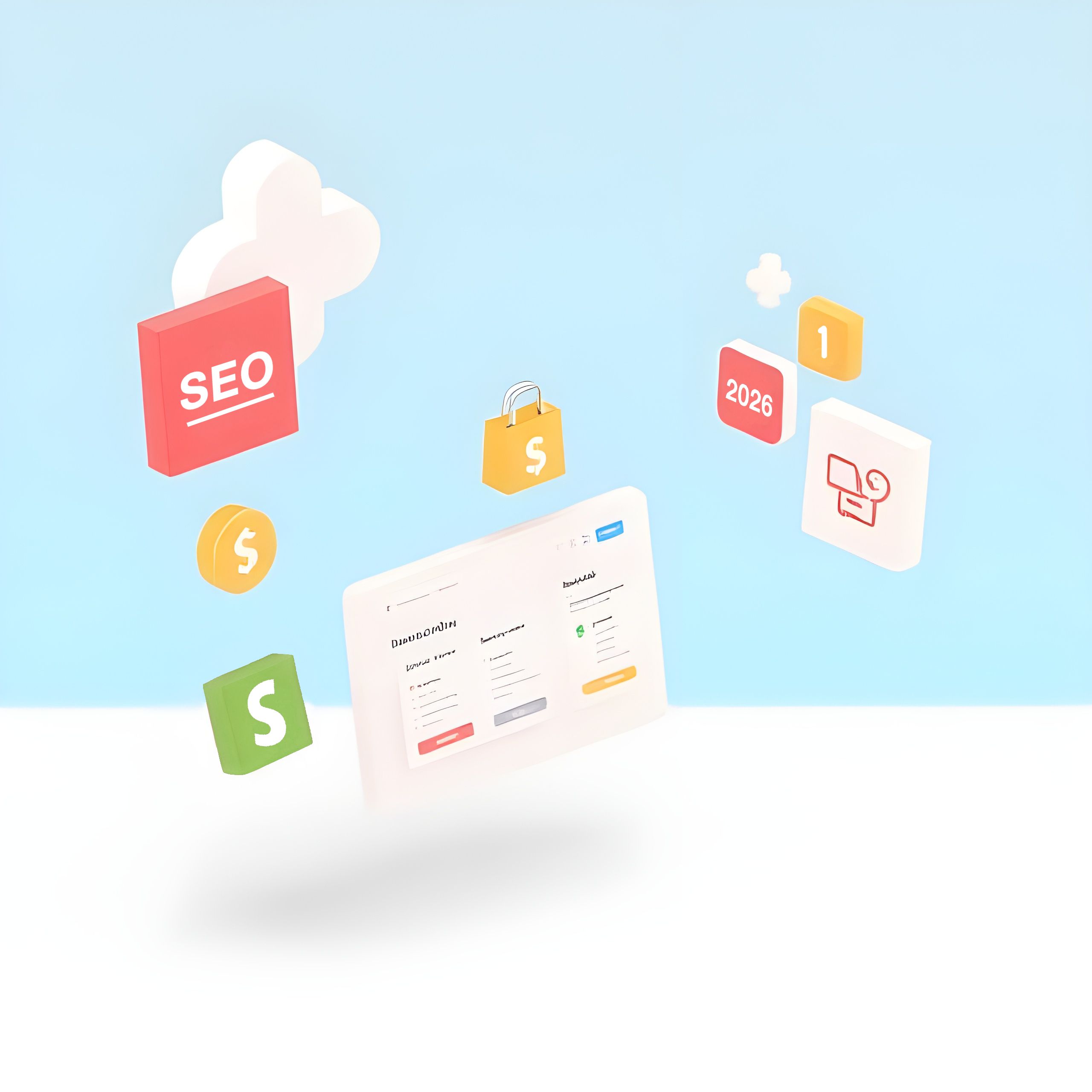 Illustration of floating ecommerce and marketing icons including “SEO” block, shopping bag, Shopify logo, and interface elements above a light blue and white background.
