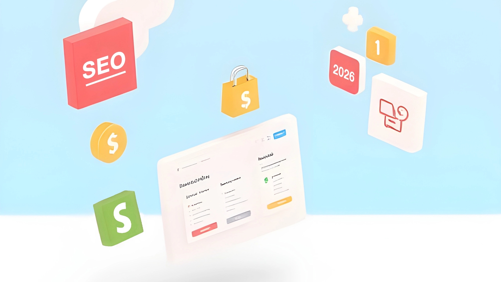 Illustration of floating ecommerce and marketing icons including “SEO” block, shopping bag, Shopify logo, and interface elements above a light blue and white background.
