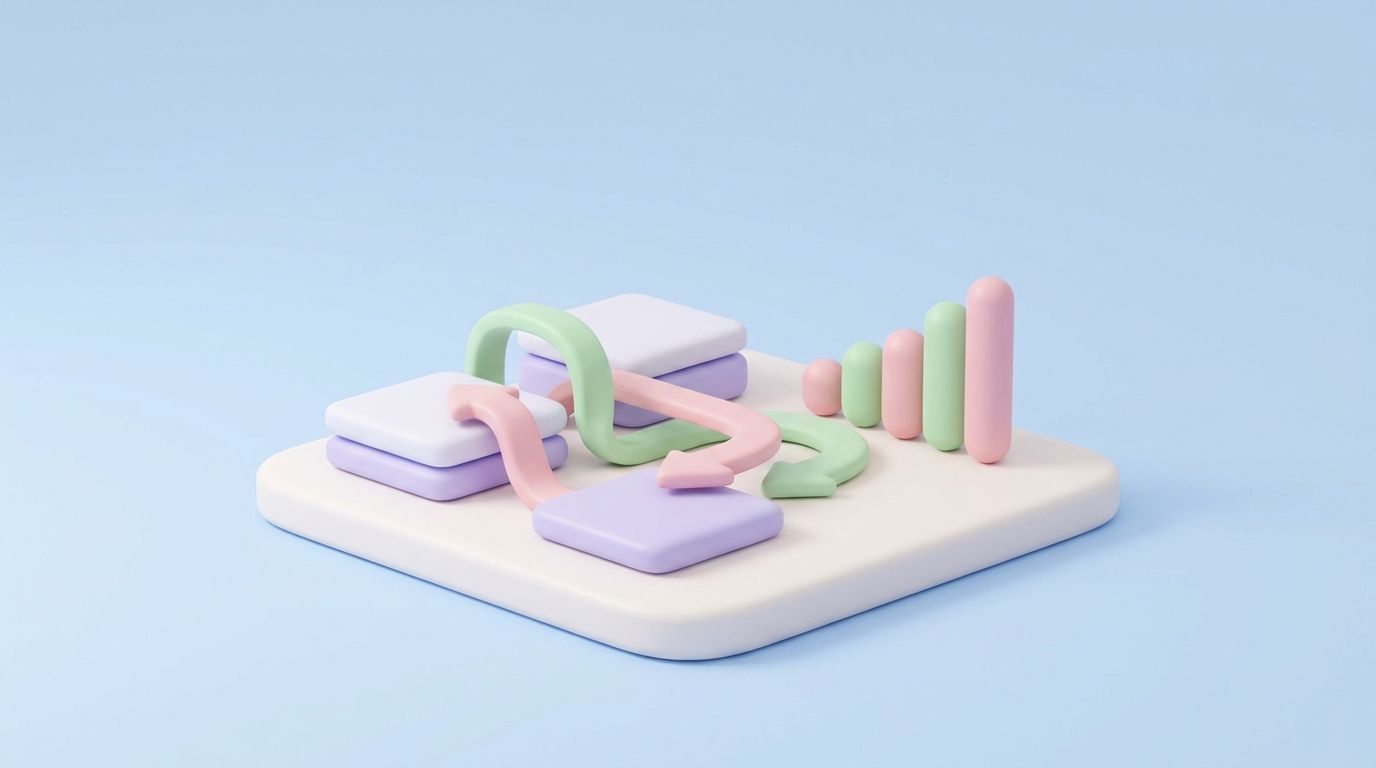 Minimal 3D clay illustration in soft pastels showing recovering search rankings after a theme or URL change.