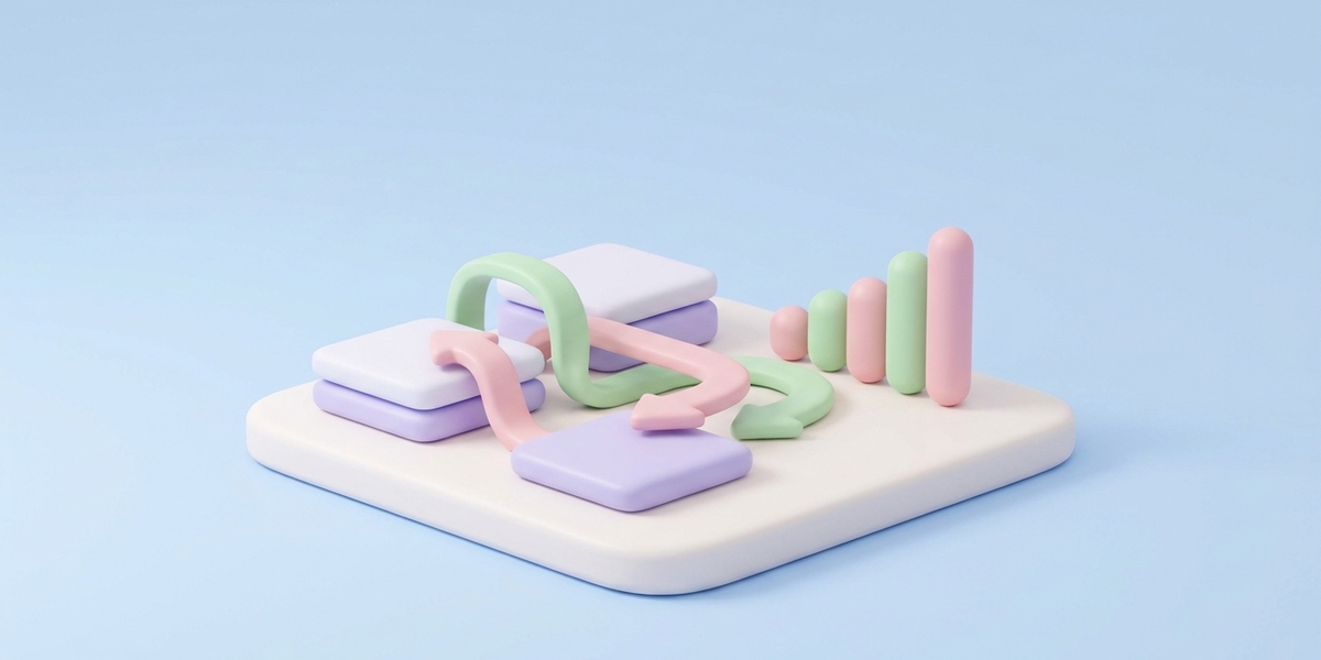 Minimal 3D clay illustration in soft pastels showing recovering search rankings after a theme or URL change.