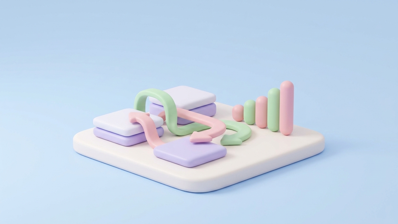 Minimal 3D clay illustration in soft pastels showing recovering search rankings after a theme or URL change.