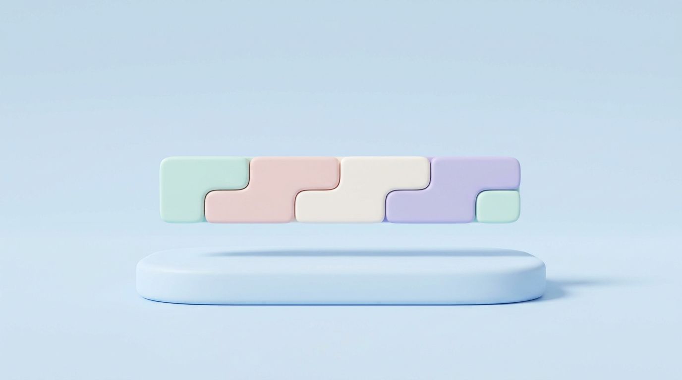 Minimal 3D clay illustration of a pastel headline bar built from modular blocks, for meta title formulas.