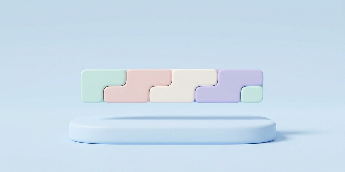 Minimal 3D clay illustration of a pastel headline bar built from modular blocks, for meta title formulas.