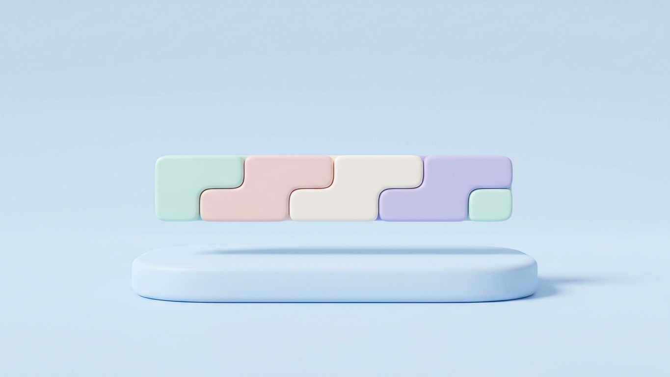 Blurred article main image. Minimal 3D clay illustration of a pastel headline bar built from modular blocks, for meta title formulas.