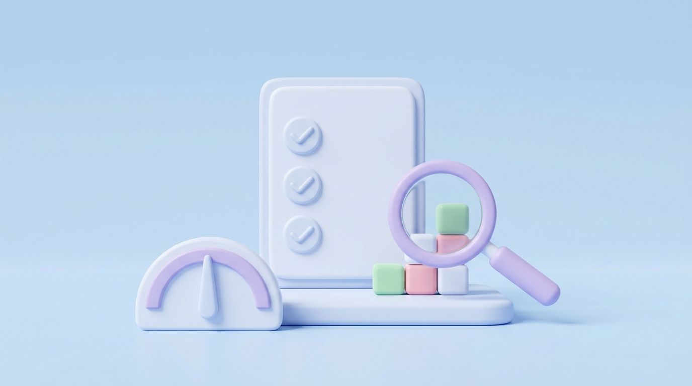 Minimal 3D clay illustration of a pastel checklist clipboard card, representing a Shopify store SEO audit.