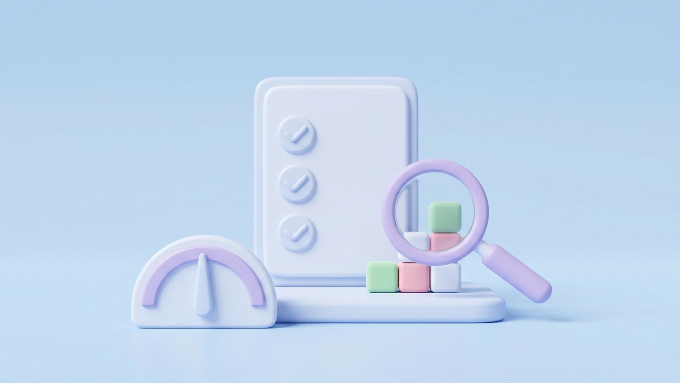 Blurred blog main image. Minimal 3D clay illustration of a pastel checklist clipboard card, representing a Shopify store SEO audit.