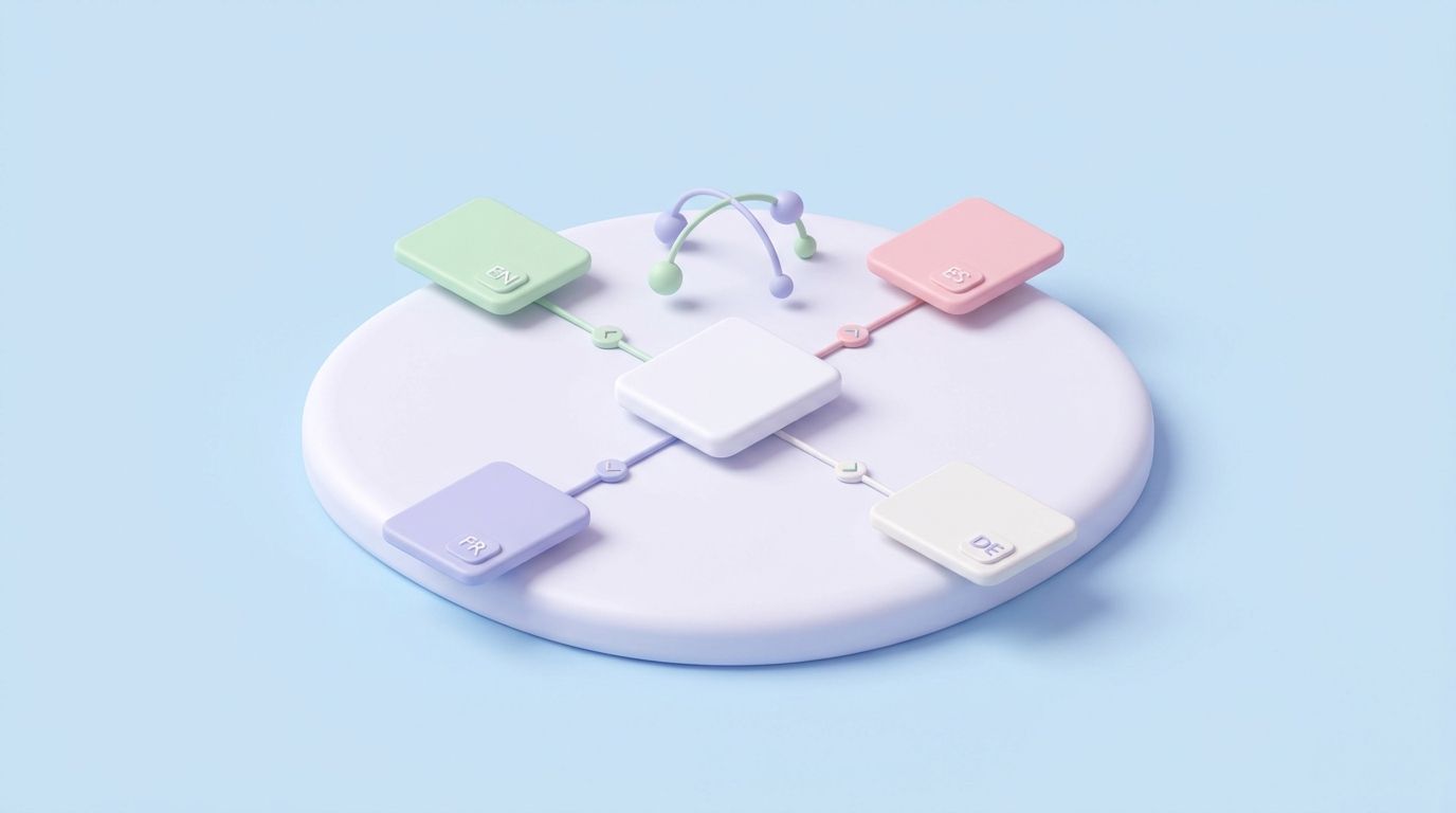 Minimal 3D clay illustration in soft pastels representing multi-language SEO for a Shopify online store.