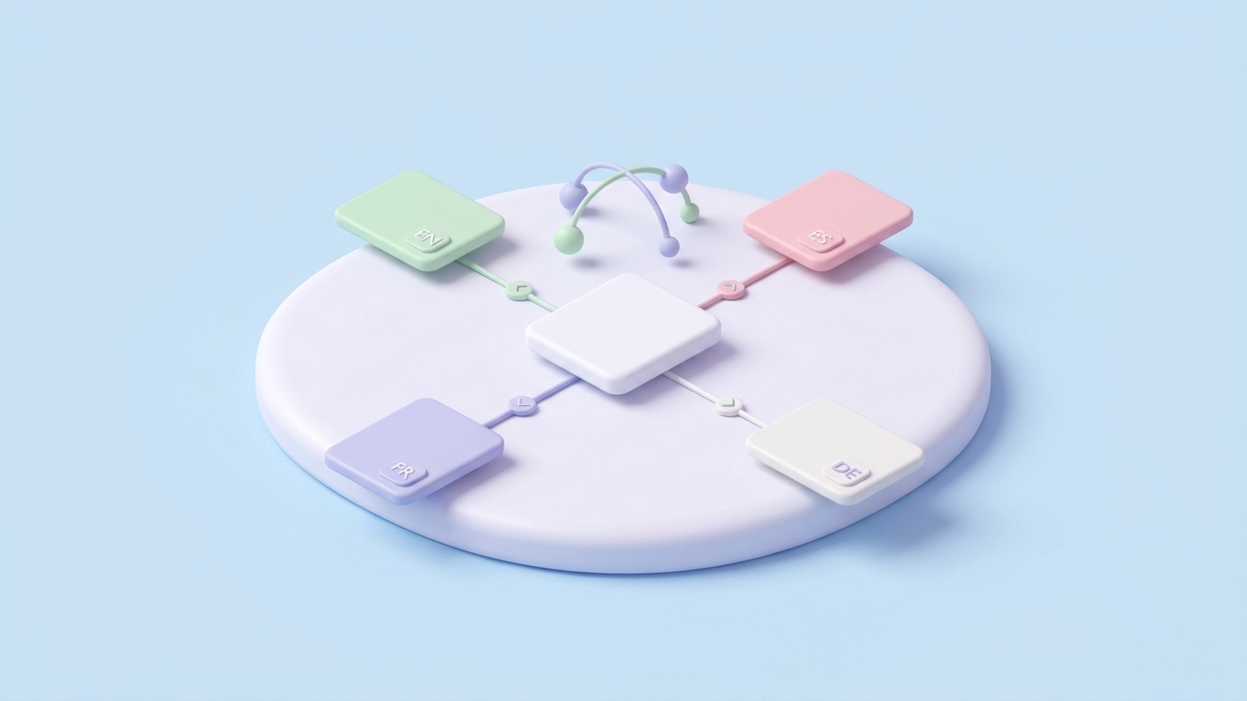 Minimal 3D clay illustration in soft pastels representing multi-language SEO for a Shopify online store.