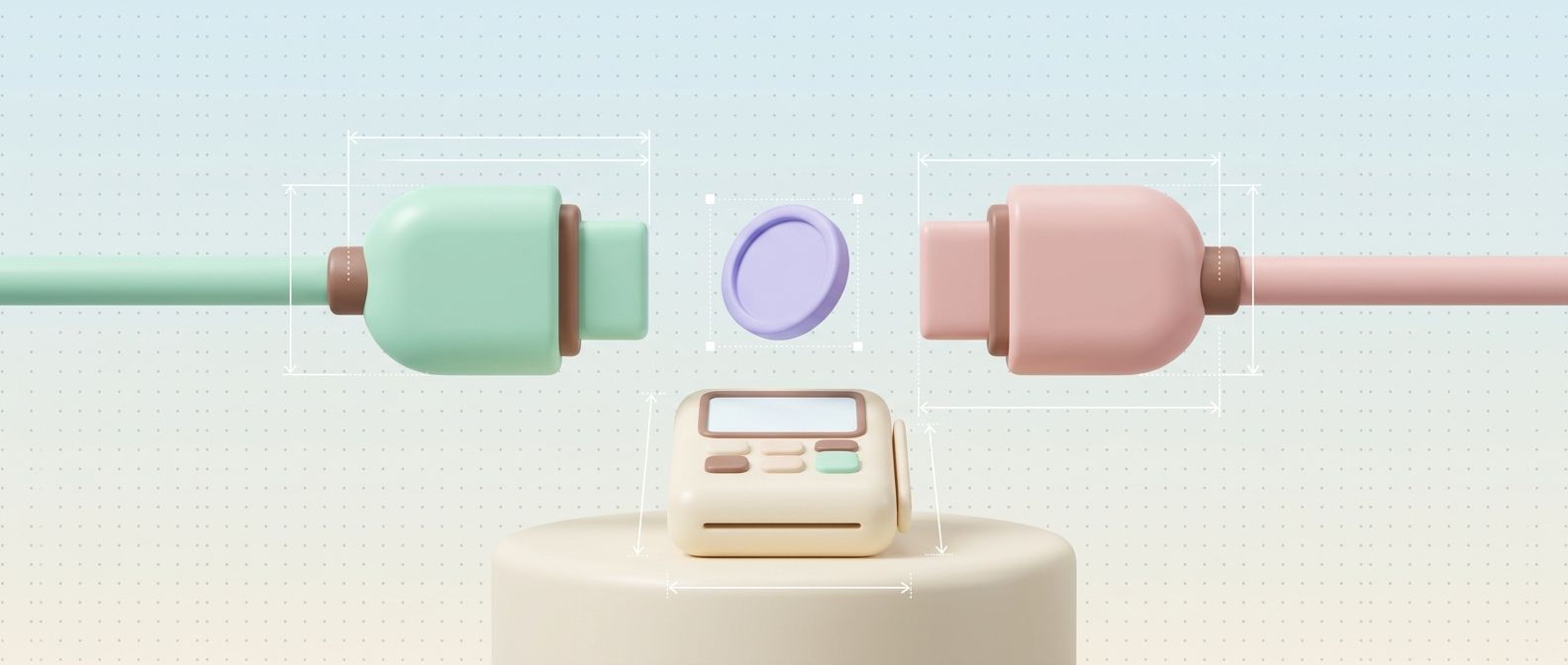 Two pastel cable plugs facing each other over a small payment terminal
