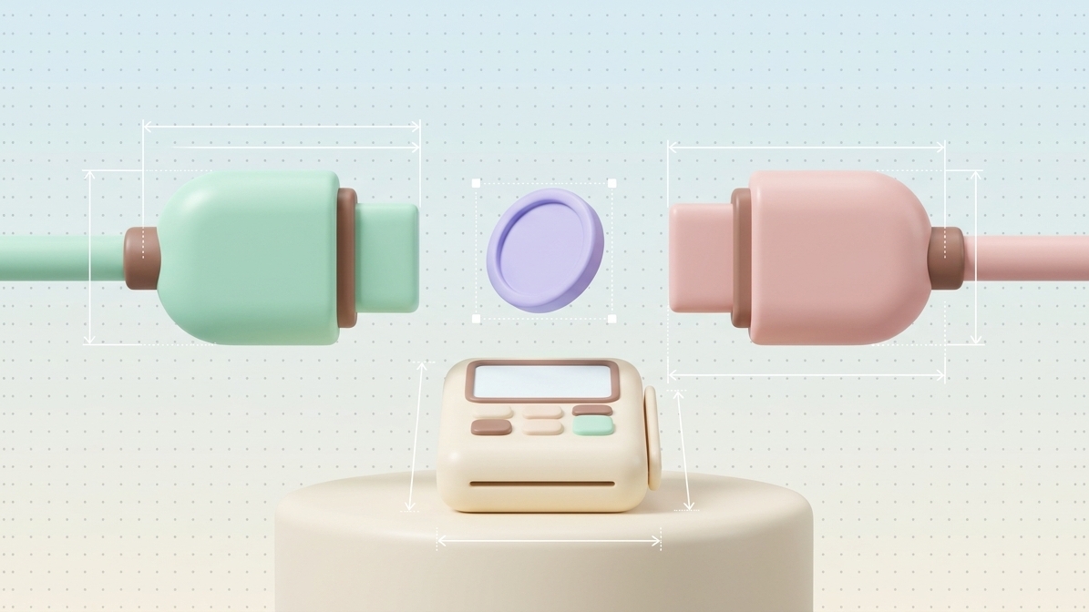 Two pastel cable plugs facing each other over a small payment terminal