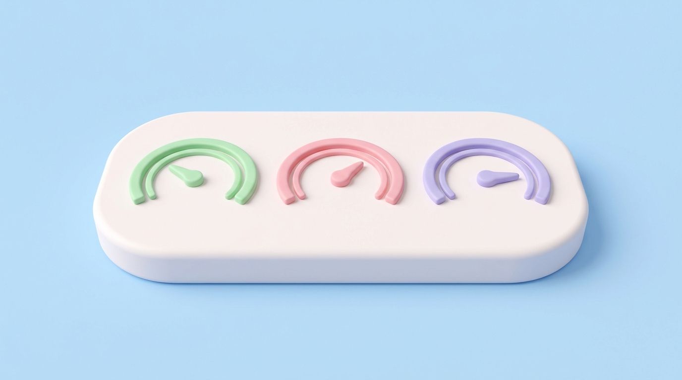 Minimal 3D clay illustration of three pastel performance gauge dials, representing Shopify Core Web Vitals.