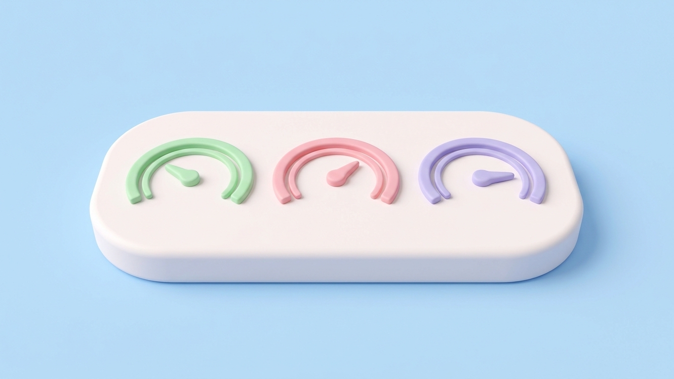 Minimal 3D clay illustration of three pastel performance gauge dials, representing Shopify Core Web Vitals.