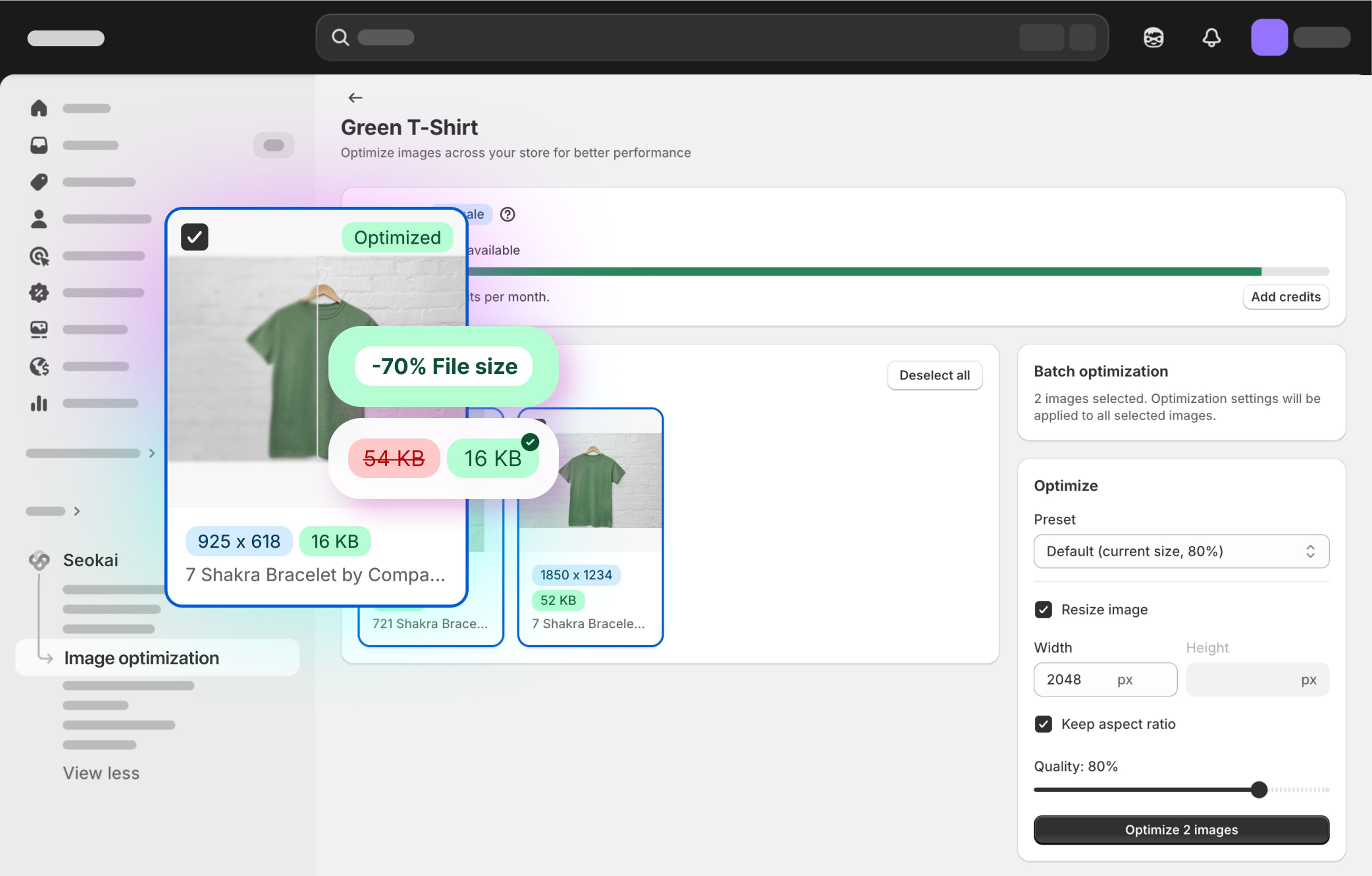 Screenshot of a Shopify SEO optimization dashboard showing a list of products with SEO score indicators and a “Generate with AI” button.