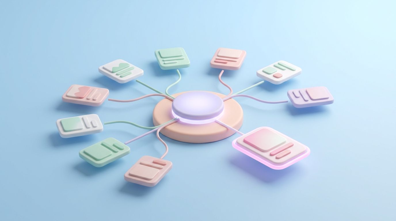 Minimal 3D clay illustration of a soft pastel AI search engine scene, showing how AI chooses what to recommend.