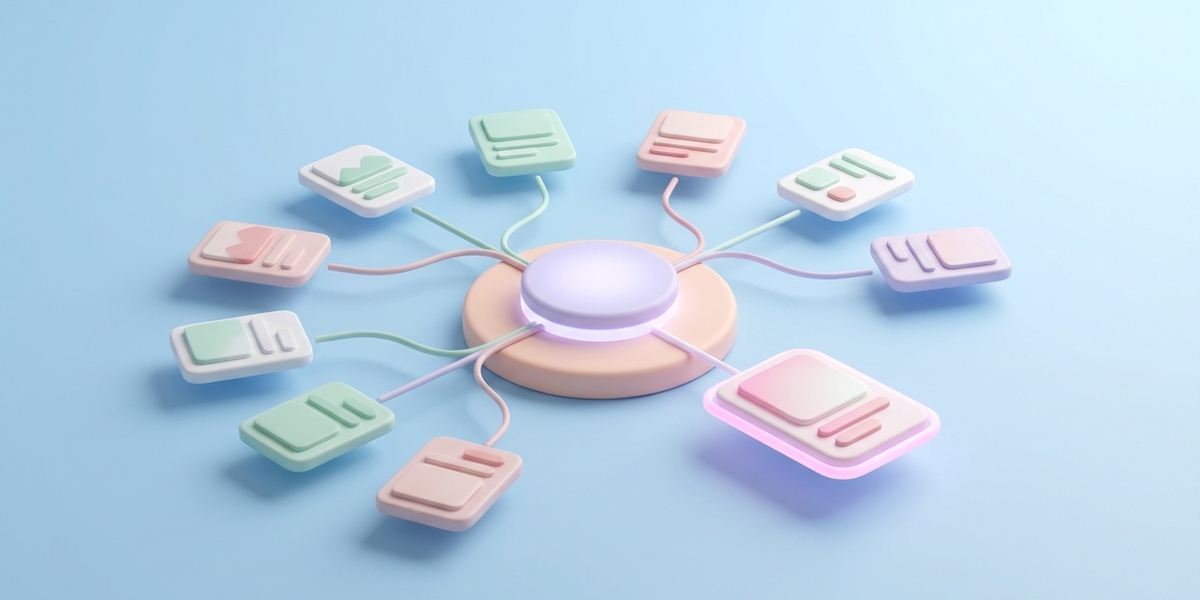 Minimal 3D clay illustration of a soft pastel AI search engine scene, showing how AI chooses what to recommend.