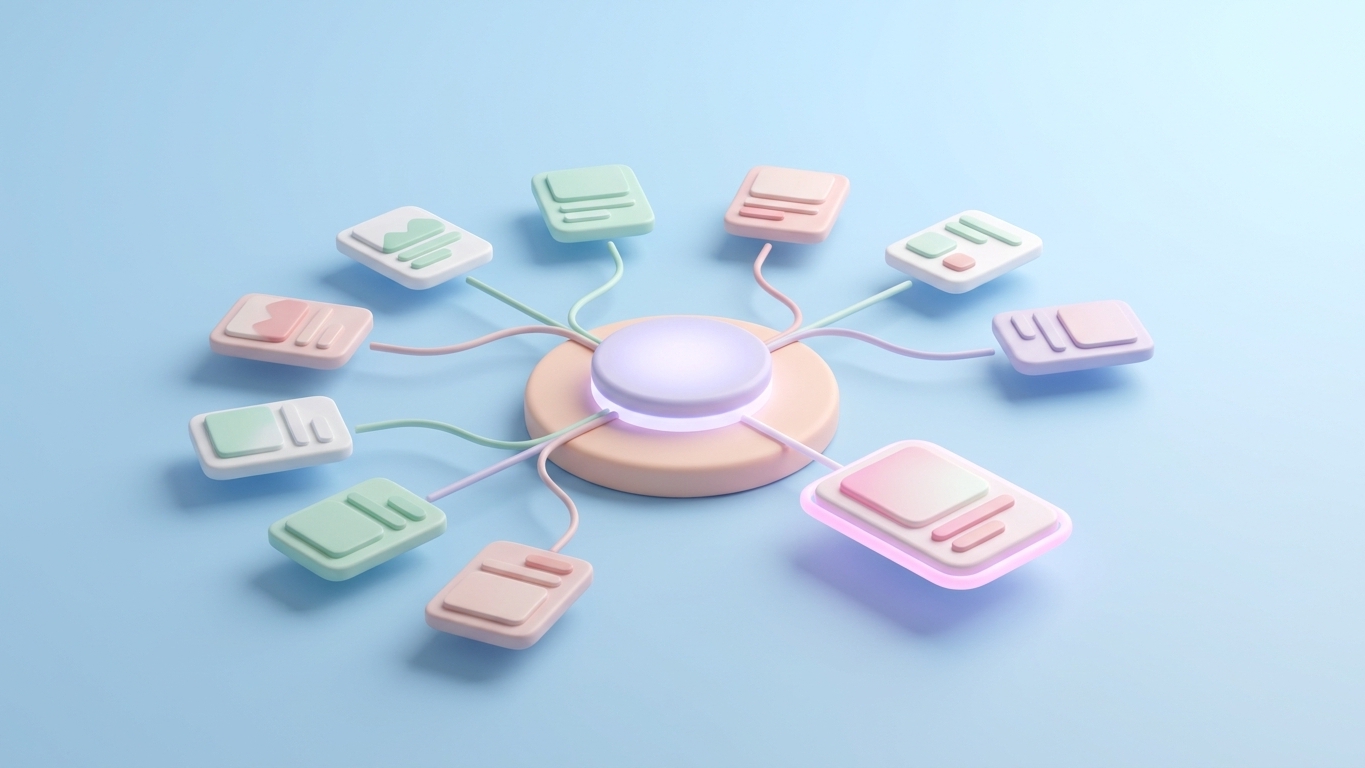 Minimal 3D clay illustration of a soft pastel AI search engine scene, showing how AI chooses what to recommend.
