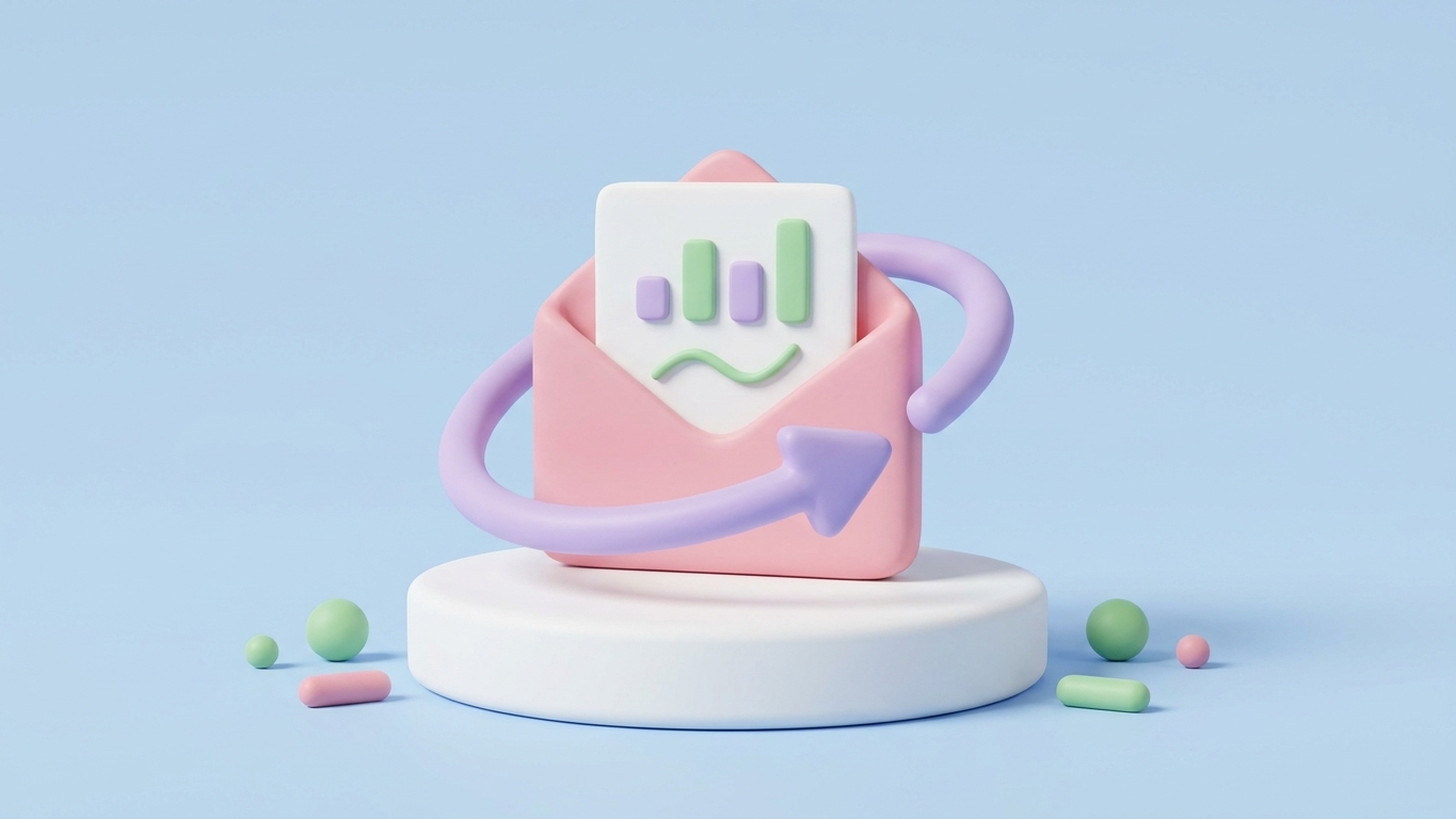 Minimal 3D clay illustration in soft pastels representing weekly email reports tracking SEO progress.