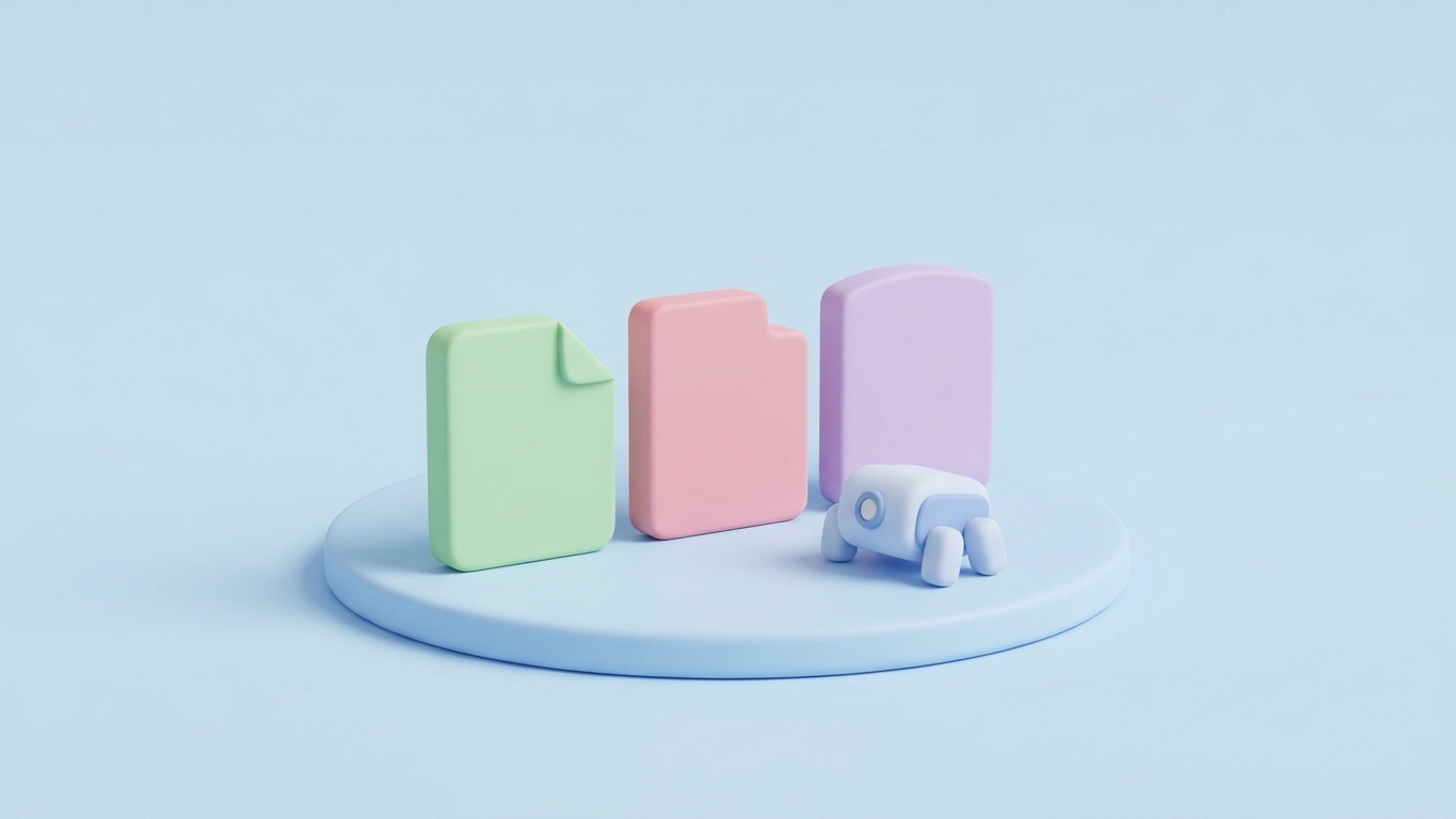 Minimal 3D clay illustration of three pastel file blocks comparing llms.txt, robots.txt, and sitemap.xml.