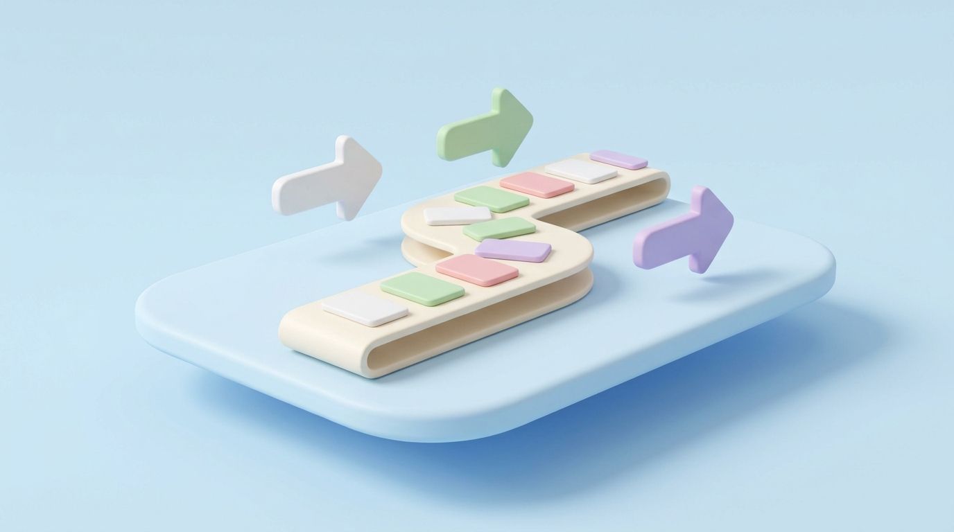 Minimal 3D clay illustration of a pastel conveyor belt loop, representing a bulk SEO optimization workflow.