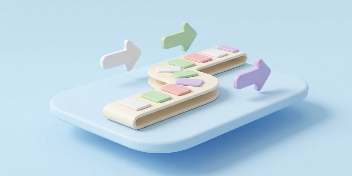 Minimal 3D clay illustration of a pastel conveyor belt loop, representing a bulk SEO optimization workflow.