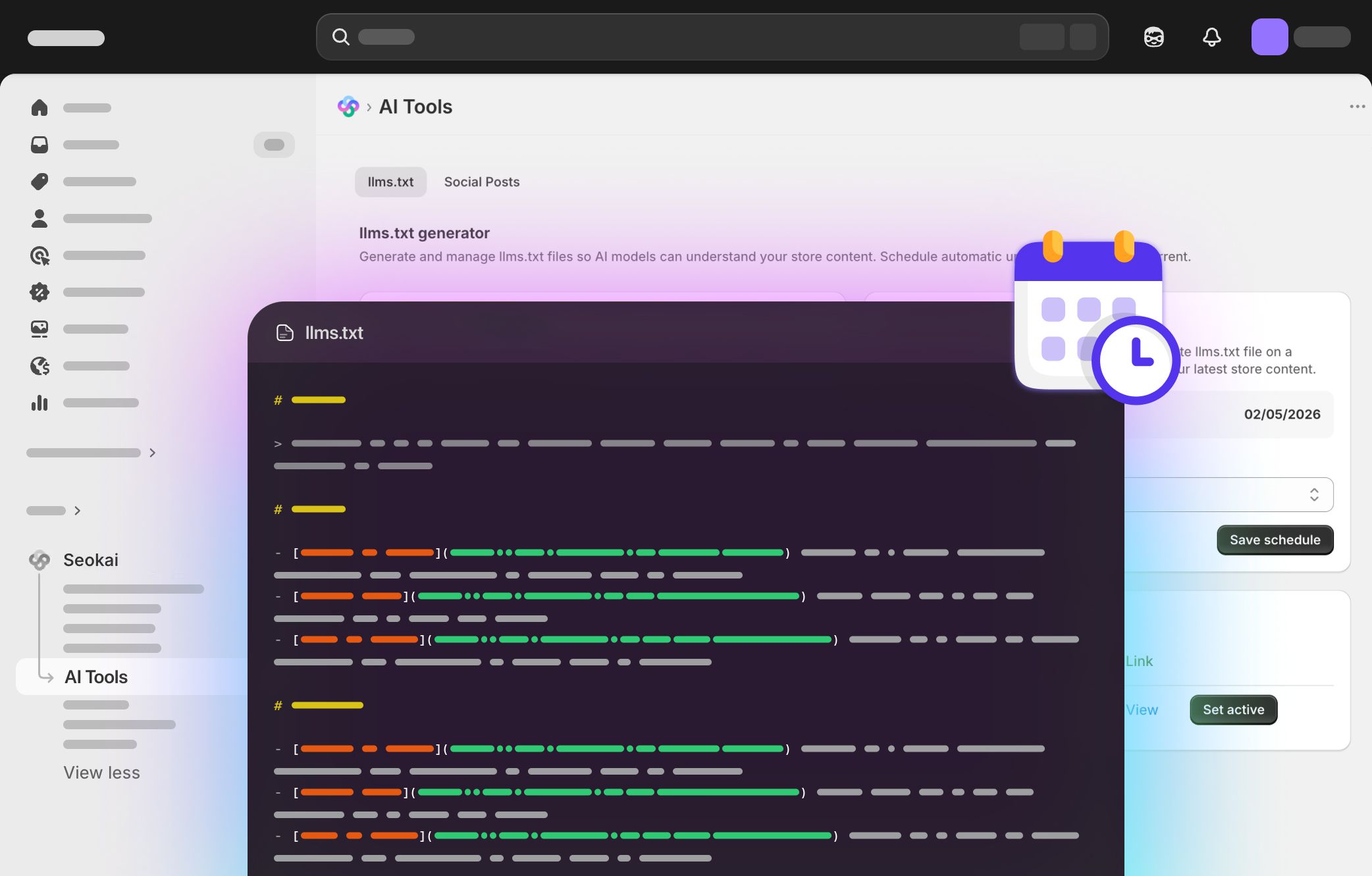 A computer screen showing a Shopify admin interface with a modal labeled “LLMS Generator” and a dark-themed code/text window overlaid displaying structured text with colored lines.