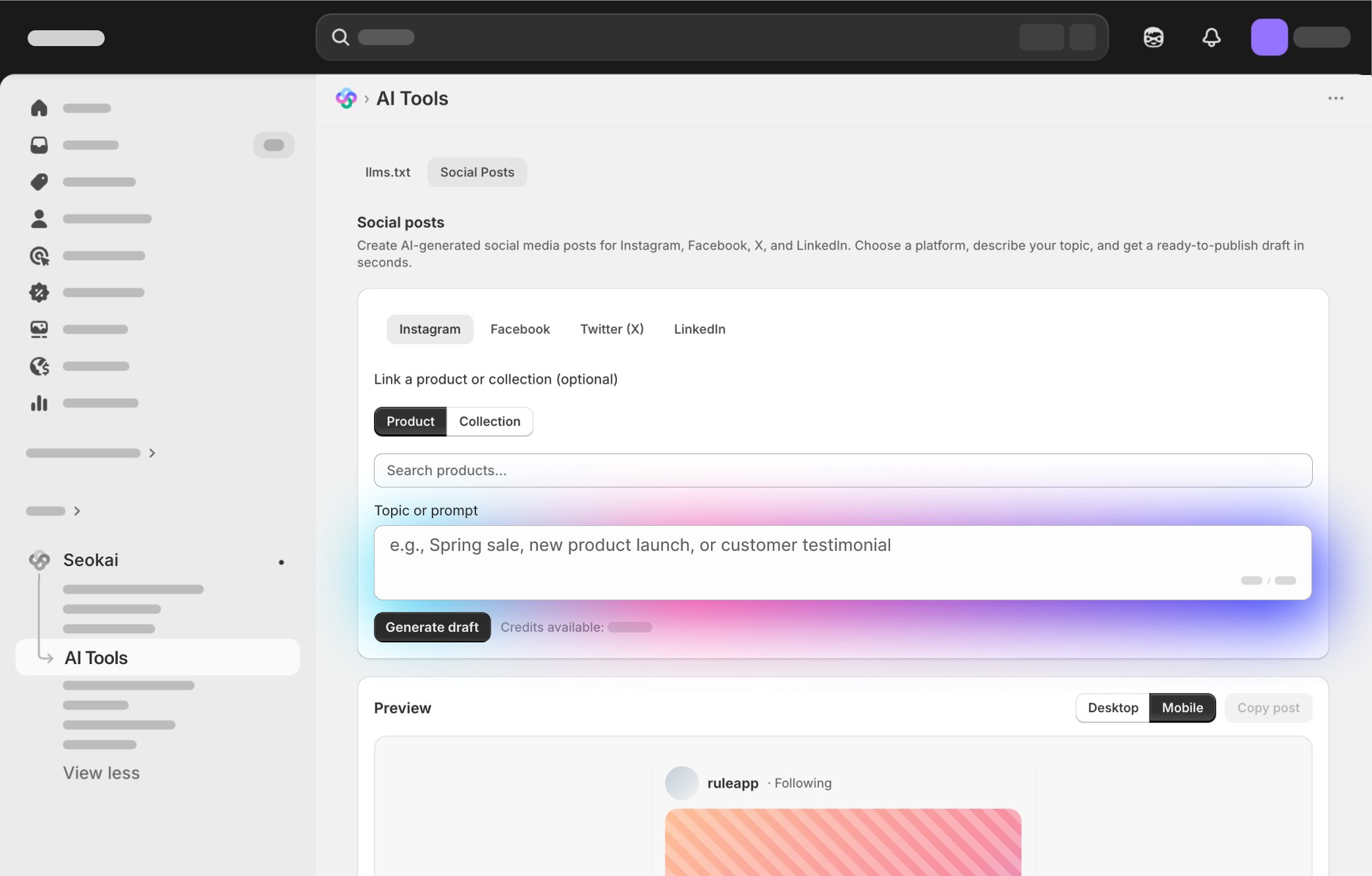 Screenshot of a Shopify dashboard showing a “Social Posts Assistant” tool with fields for entering a prompt and tabs for Instagram, Facebook, and Twitter.
