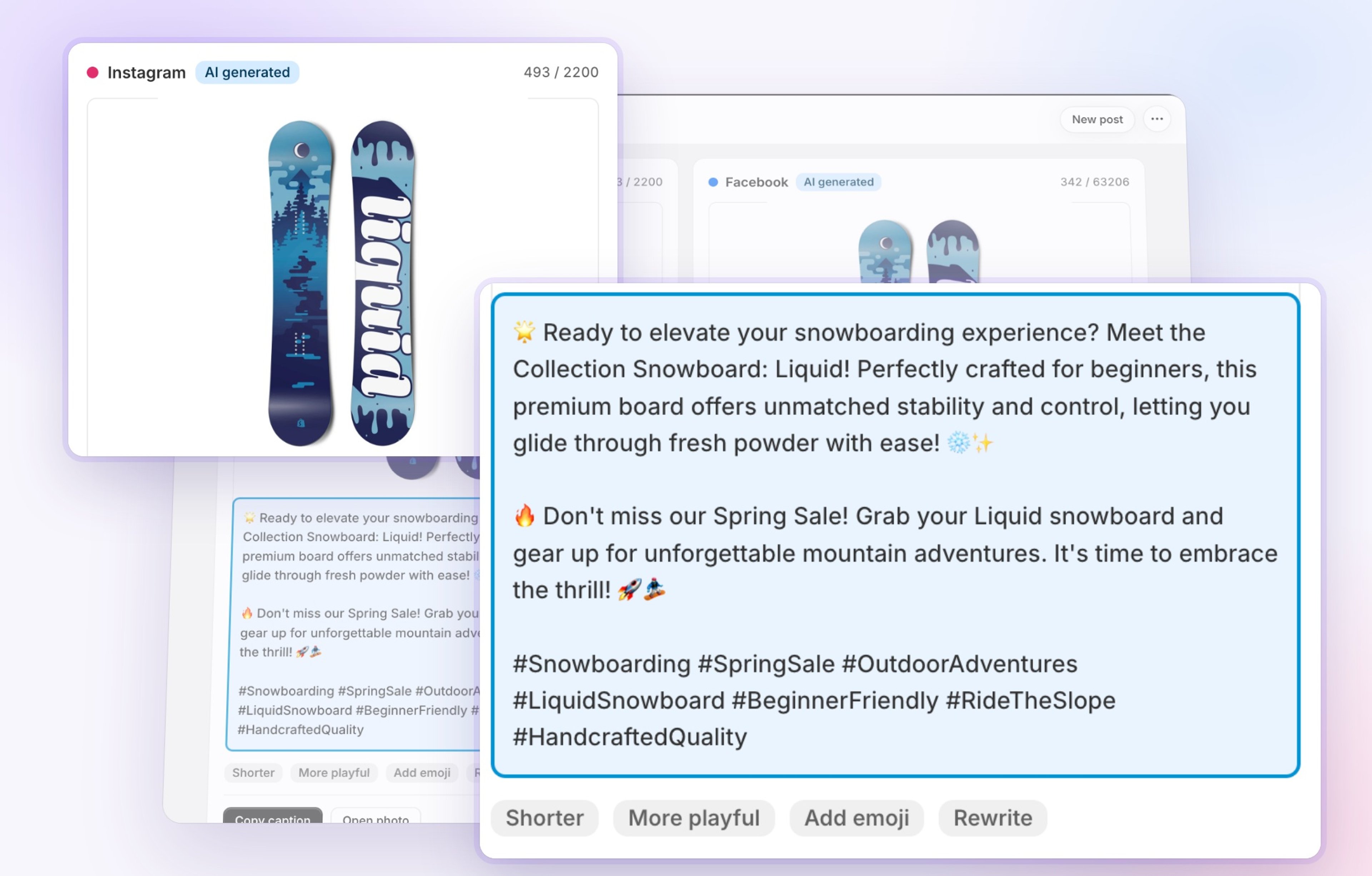 Seokai social posts page with an AI-written Instagram caption, the product photo, and options to shorten, rewrite or add emoji.