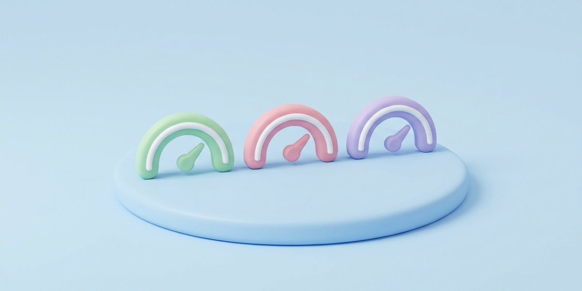 Minimal 3D clay illustration of friendly pastel gauge dials, explaining what Core Web Vitals are.