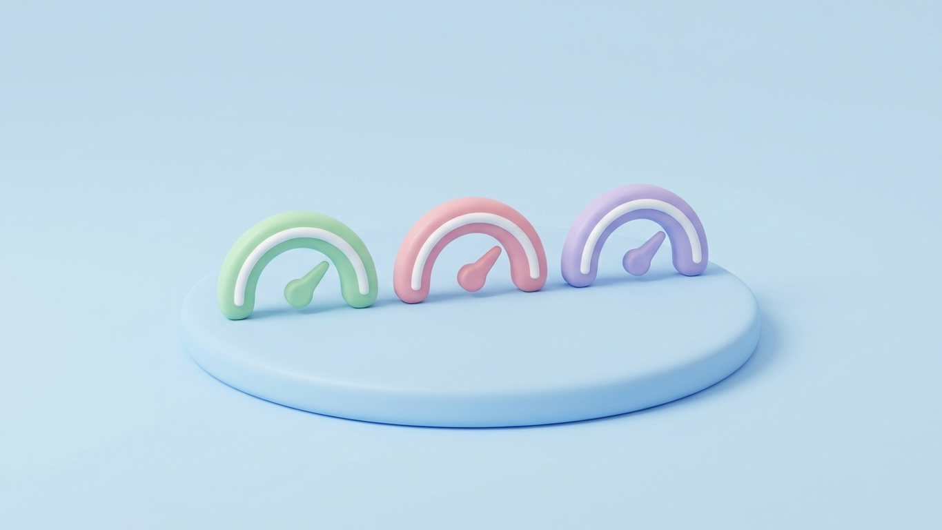 Minimal 3D clay illustration of friendly pastel gauge dials, explaining what Core Web Vitals are.