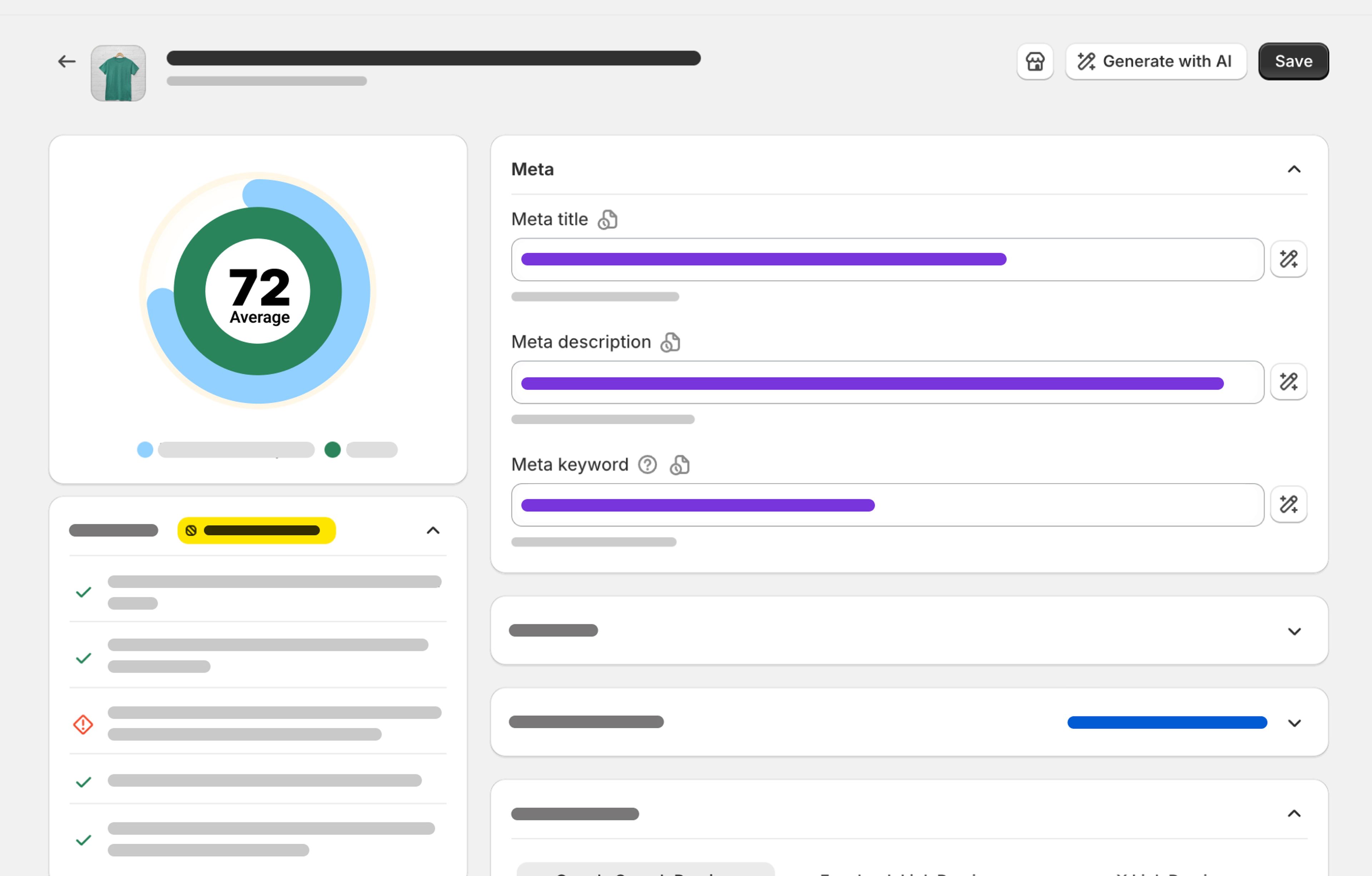 Screenshot of a dashboard interface showing a circular score indicator (72 Average), form fields for meta title/description/keywords, and other UI elements.