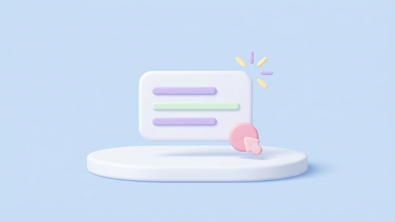 Minimal 3D clay illustration in soft pastels representing writing Shopify meta descriptions that get clicks.