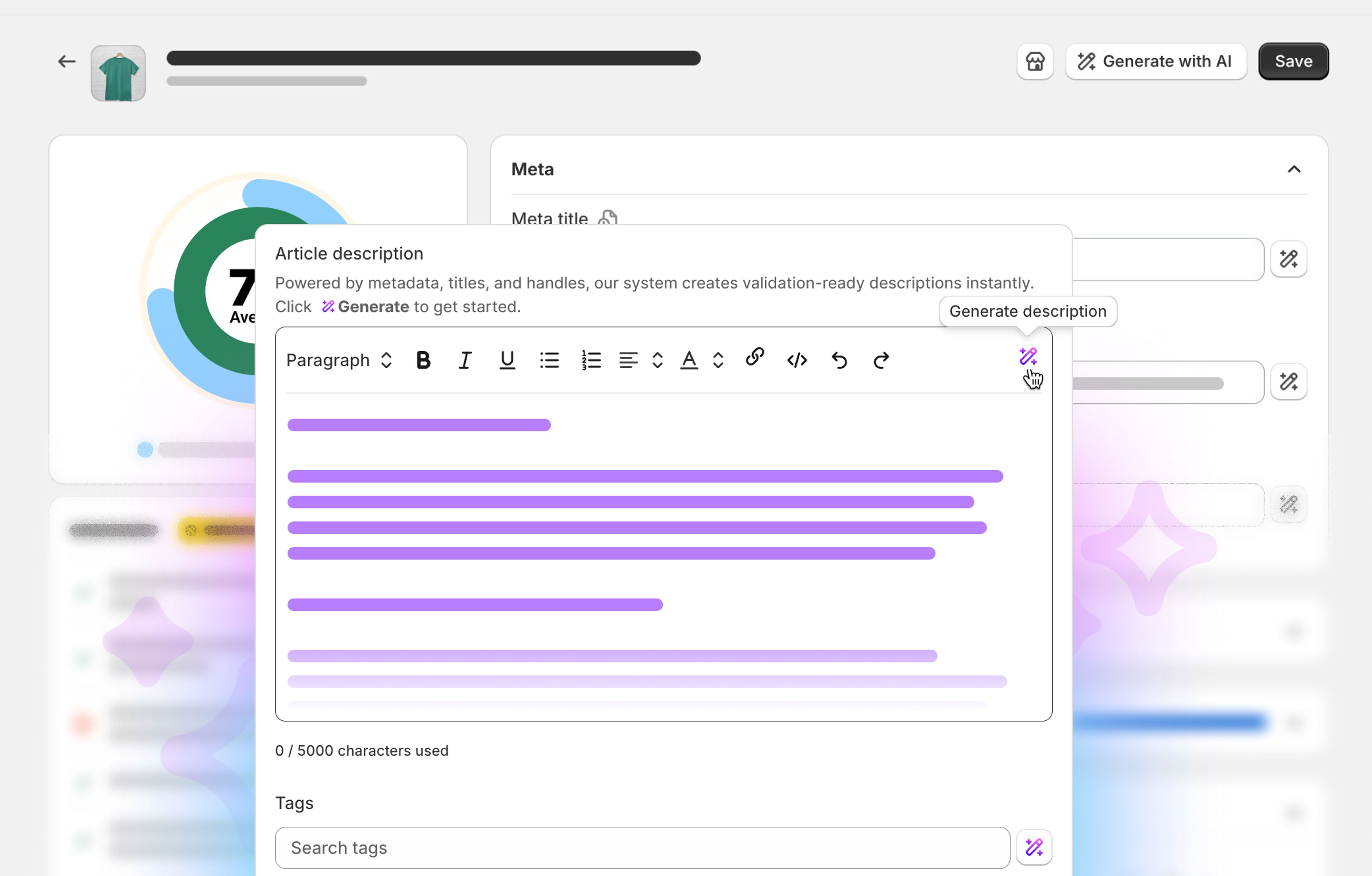 Screenshot of a web dashboard with a content editor overlay showing a text field and a circular progress indicator.