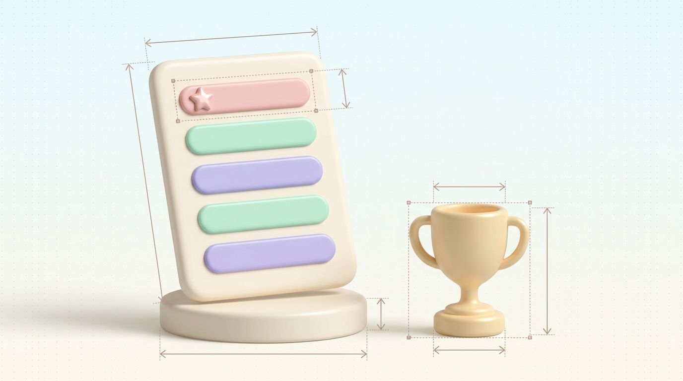 Tall pastel list card with five rows next to a small trophy