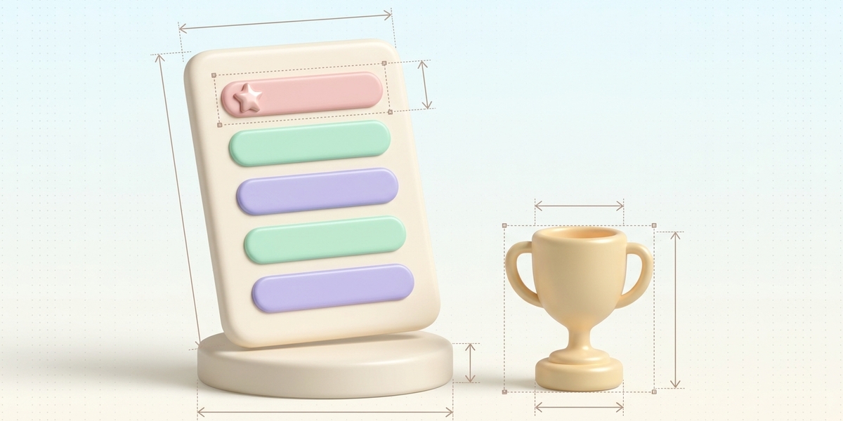 Tall pastel list card with five rows next to a small trophy