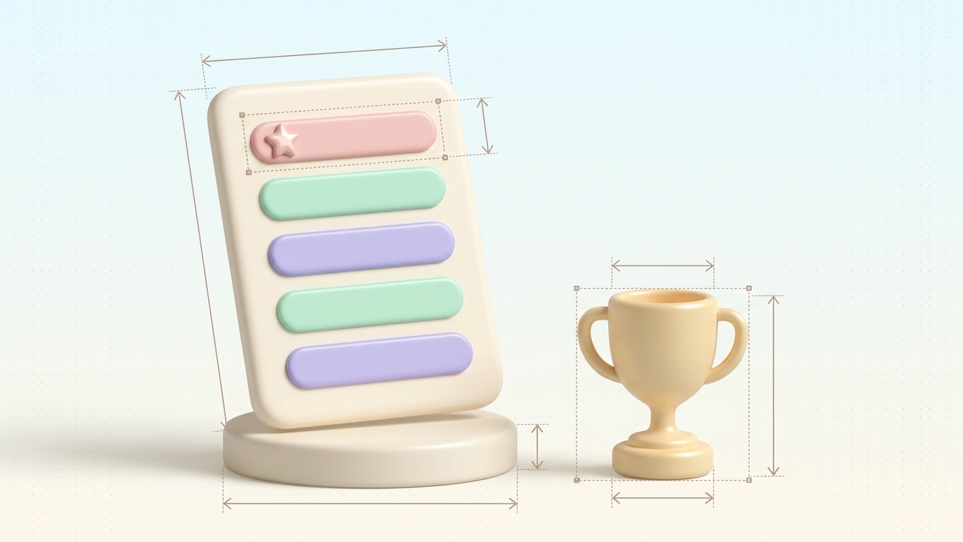 Blurred blog main image. Tall pastel list card with five rows next to a small trophy
