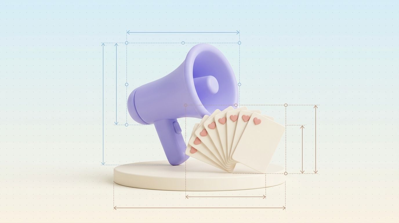 Pastel megaphone projecting a fan of identical content cards