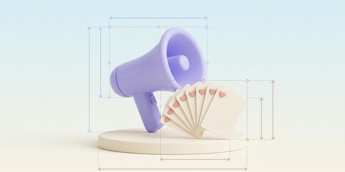 Pastel megaphone projecting a fan of identical content cards