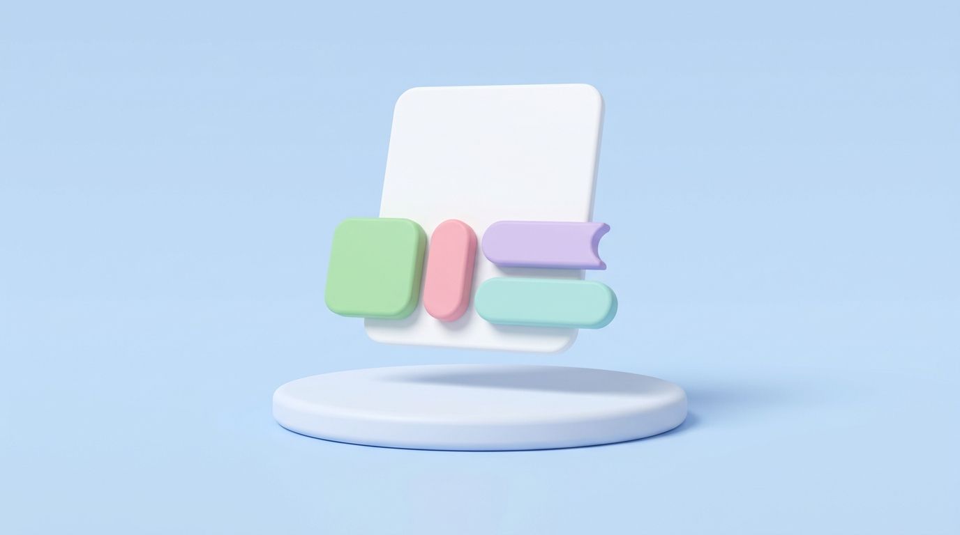 Minimal 3D illustration of a floating page card on a platform showing JSON-LD structured data markup.