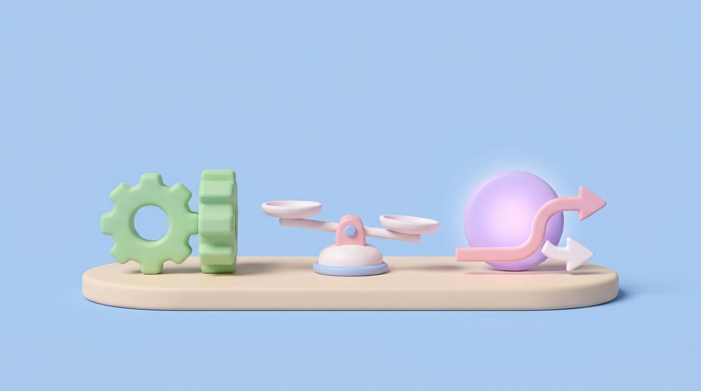 Minimal 3D illustration of pastel clay shapes comparing manual SEO versus AI-powered SEO cost and time.