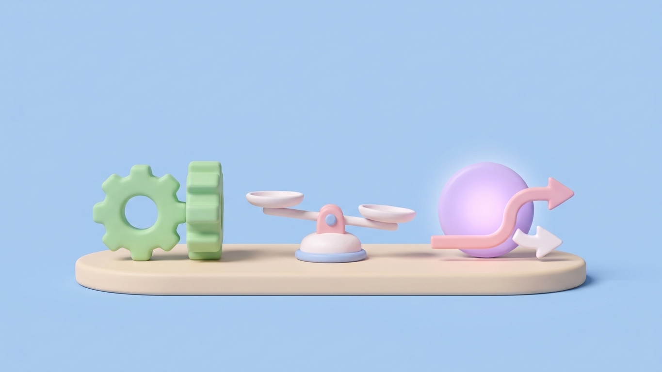 Minimal 3D illustration of pastel clay shapes comparing manual SEO versus AI-powered SEO cost and time.